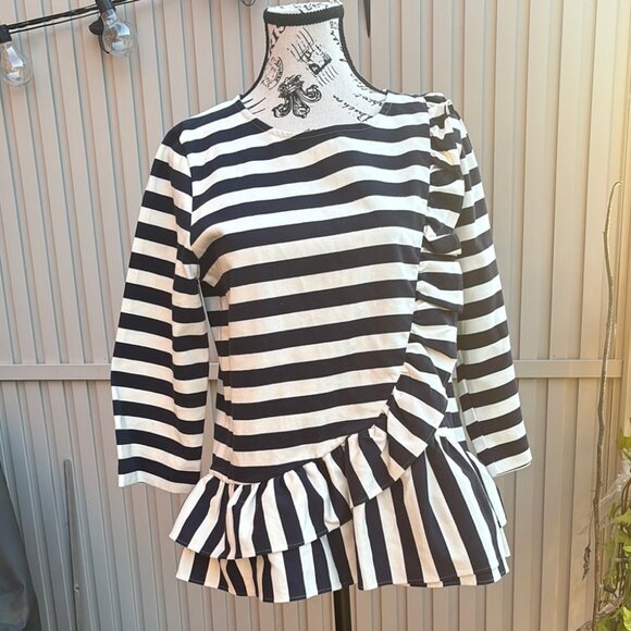 J.Crew Asymmetrical Black & White Striped Ruffle Peplum Blouse - Picture 2 of 8